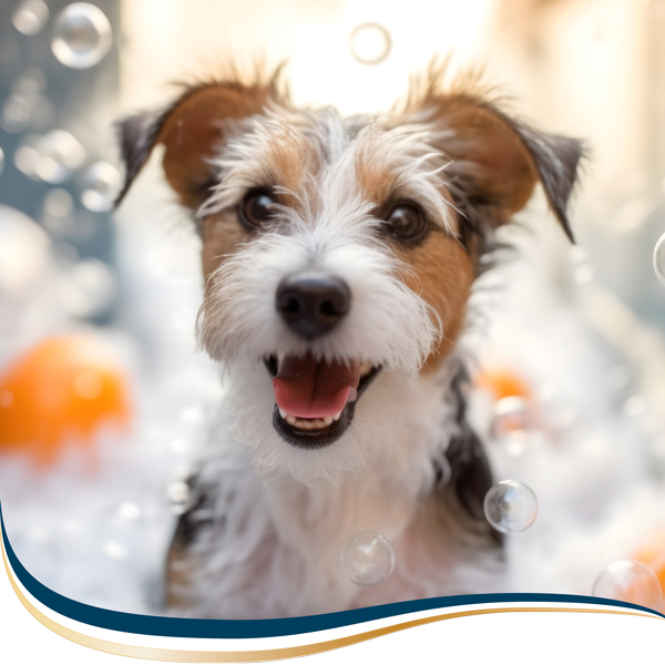 Happy dog taking a bath